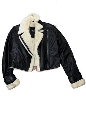 Hollister Black Faux Leather Jacket with Cream Sherpa Lining